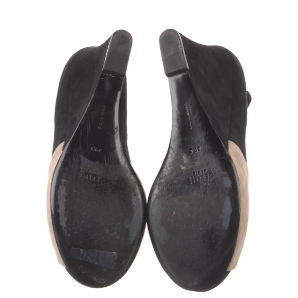 Celine Suede Black Tan Color Block Mary Jane Peep Toe Wedge Pumps Size 39.5